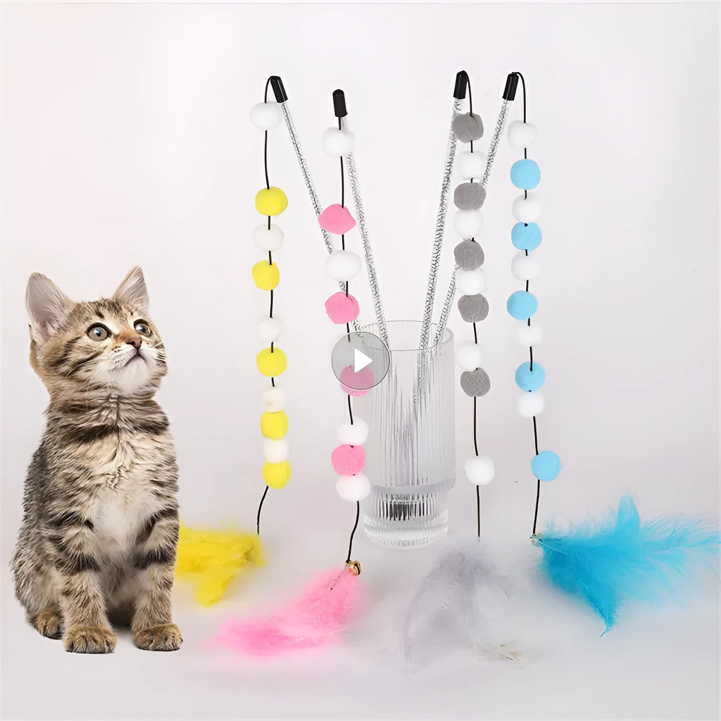 31cm long cat teaser rod with feather and bell attachment in multiple colour options