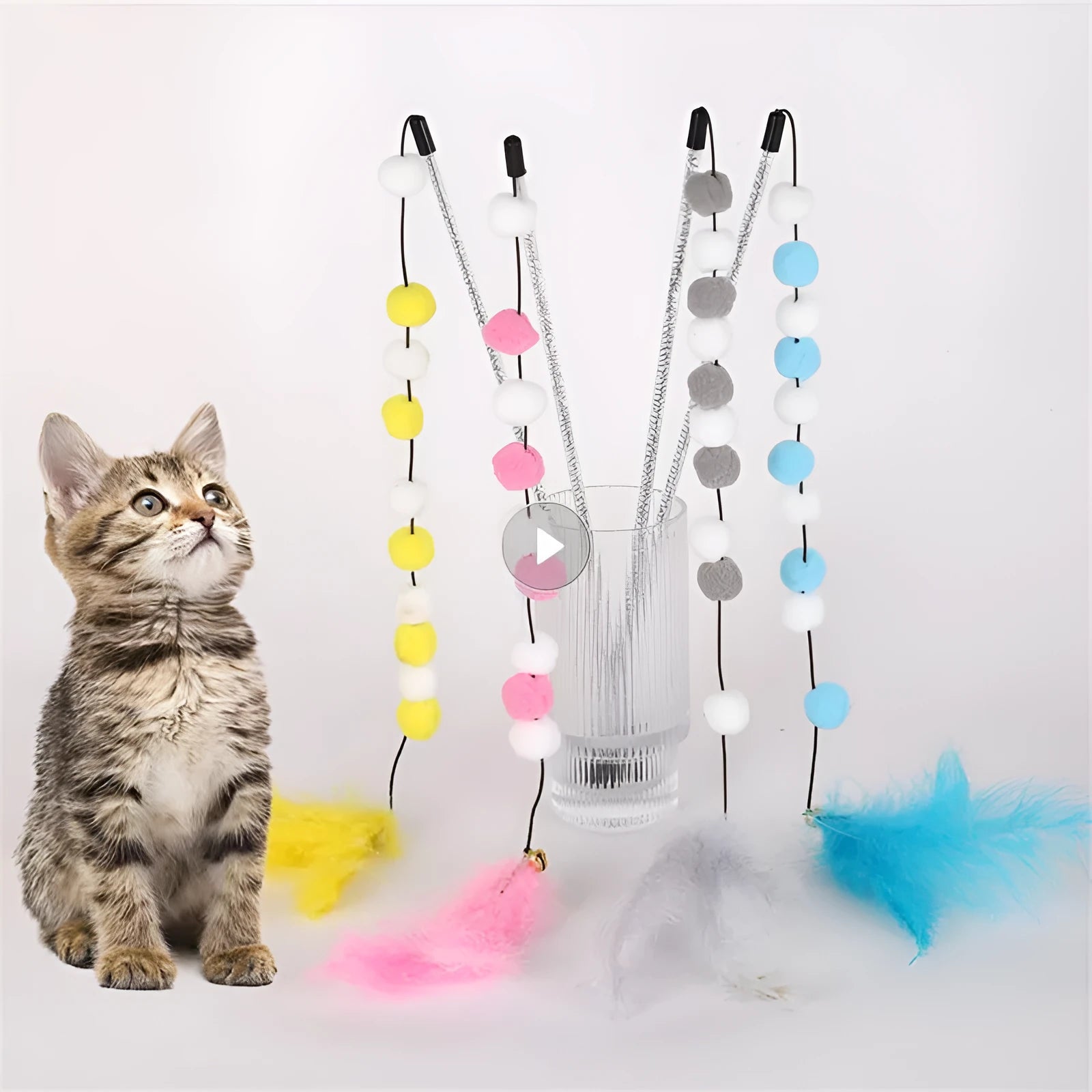 31cm long cat teaser rod with feather and bell attachment in multiple colour options
