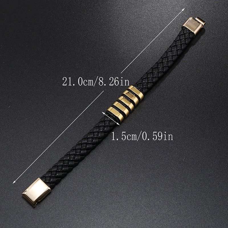 Multi-layer leather woven bracelet wrist ring in black, gold, white, and black and golden