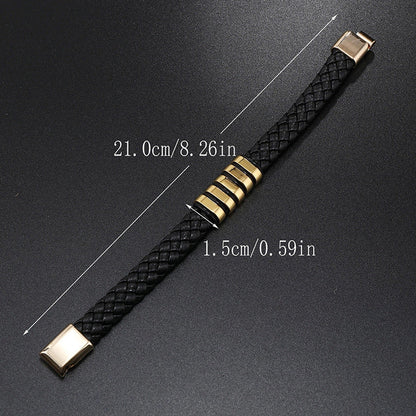 Multi-layer leather woven bracelet wrist ring in black, gold, white, and black and golden