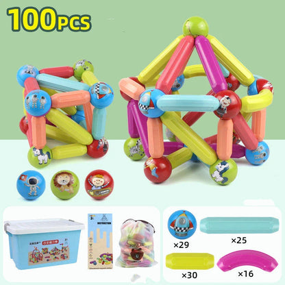 Magnetic building blocks and rods in various sizes and colors for creative play and early learning