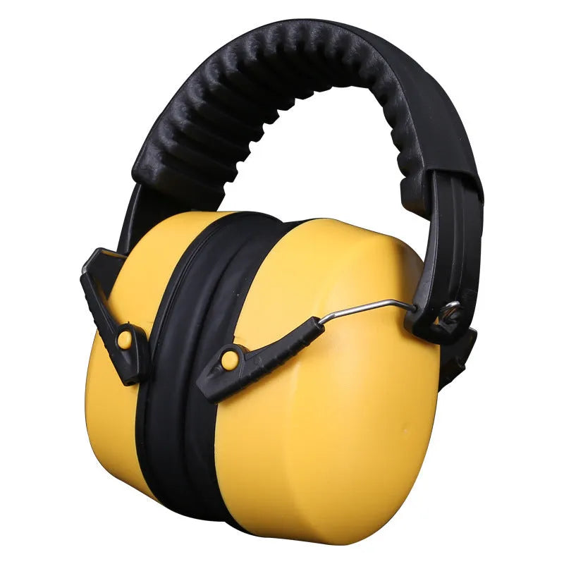 Orange adjustable protective earmuffs with breathable fabric ear cushions on a white background.