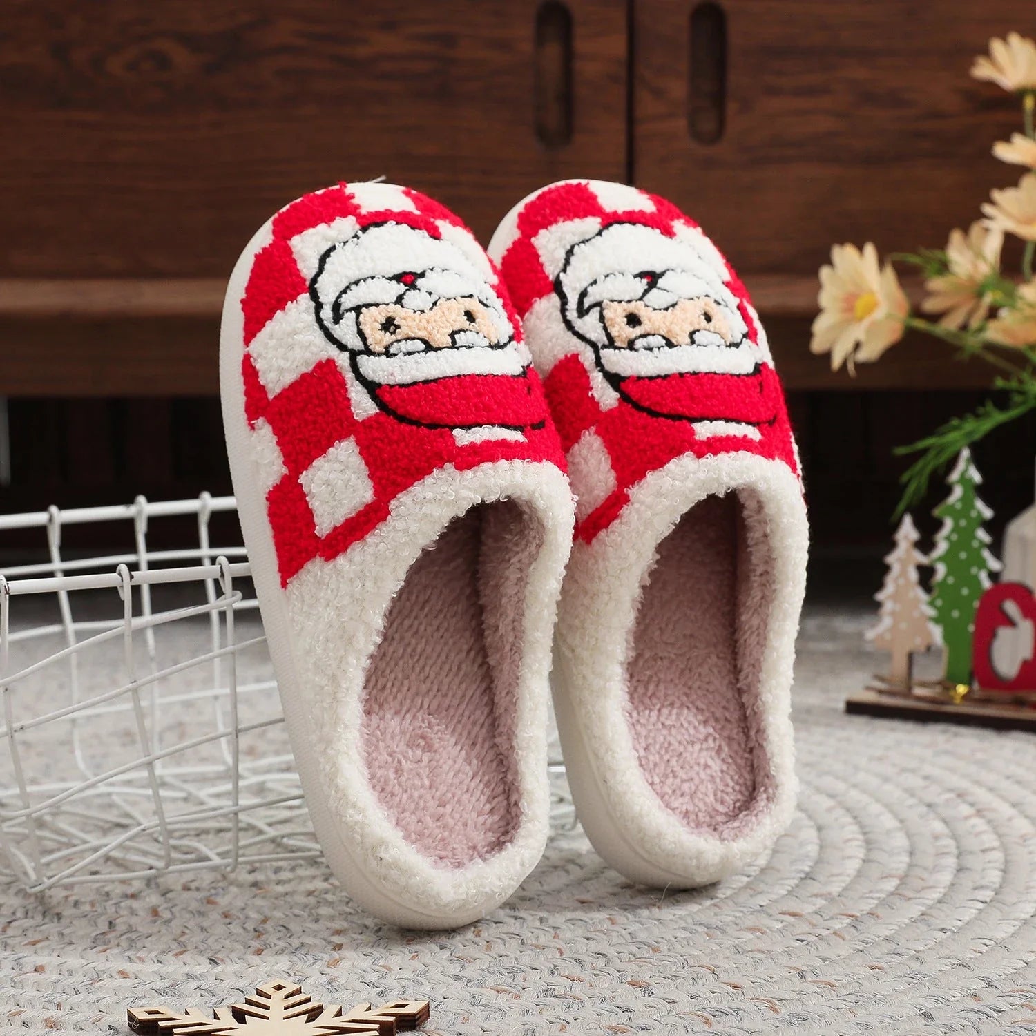 Cozy plaid Christmas slippers for women with non-slip soles and fuzzy, warm interior