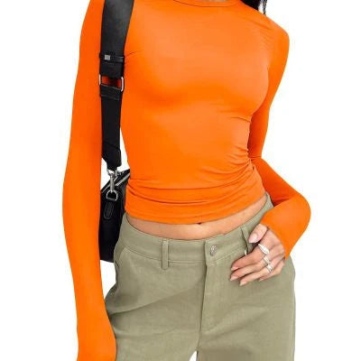 Women's slim-fit long-sleeved pullover top in solid colours