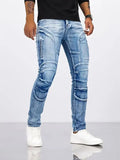 Retro casual stretch motorcycle jeans for men in light blue cotton denim, mid waist skinny fit with zip placket