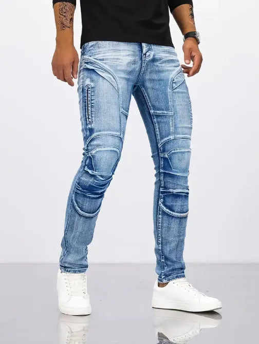 Retro casual stretch motorcycle jeans for men in light blue cotton denim, mid waist skinny fit with zip placket