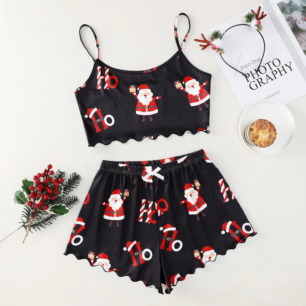 Women's Christmas-themed milk silk pajamas set with sleeveless top and shorts