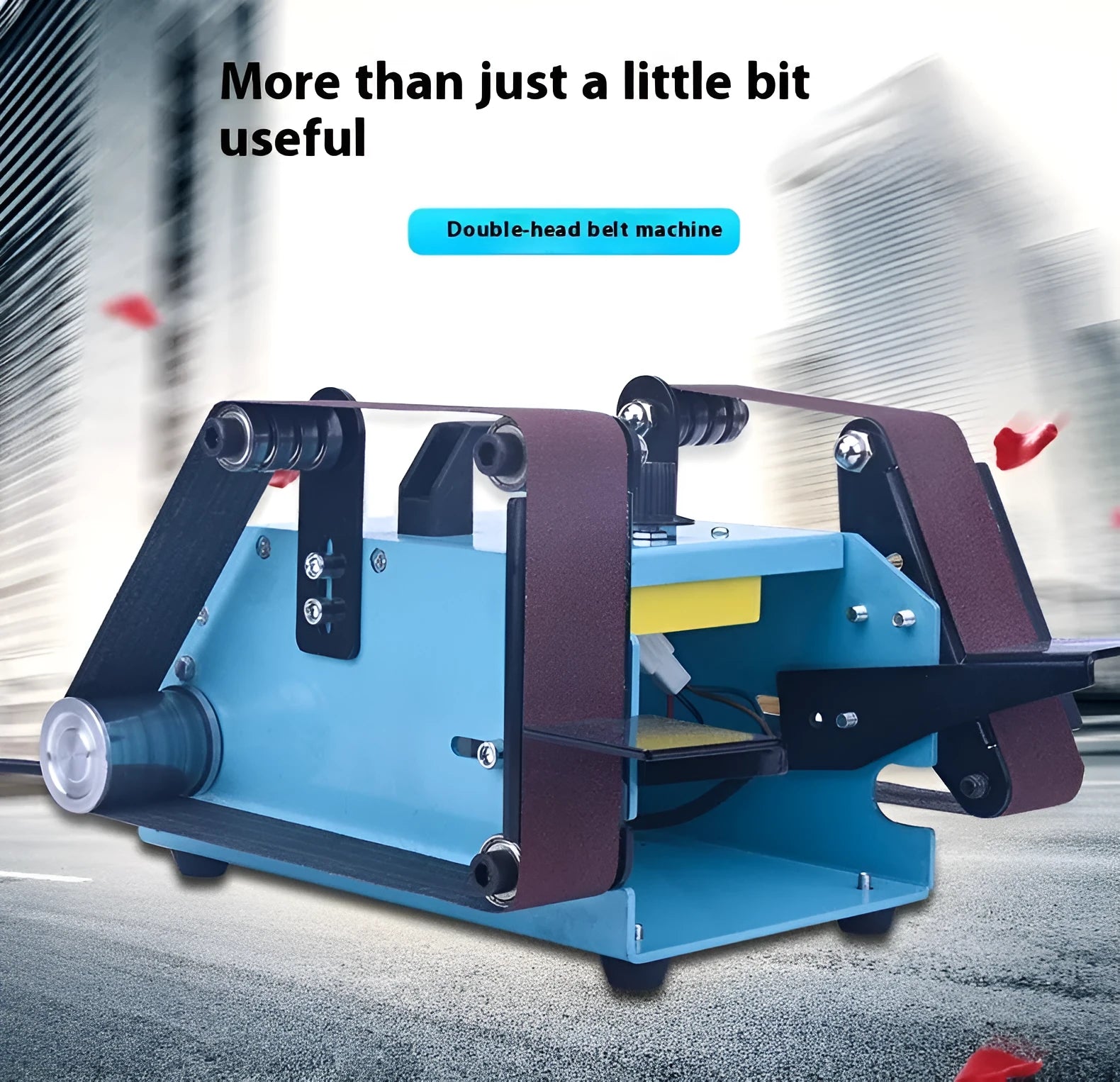 Blue desktop dual-axis belt sander for knife sharpening with variable speed control.
