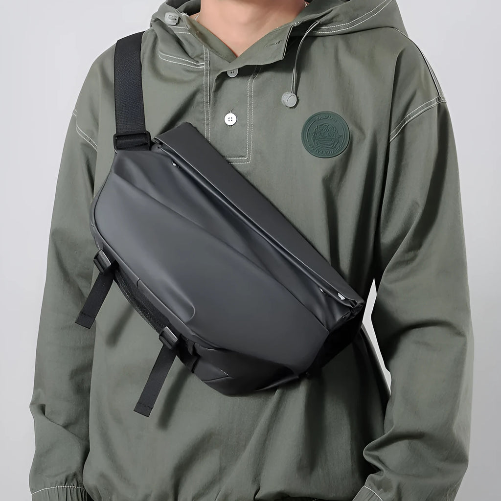 Grey and black men's medium PU crossbody bag with a zipper and internal organisers.