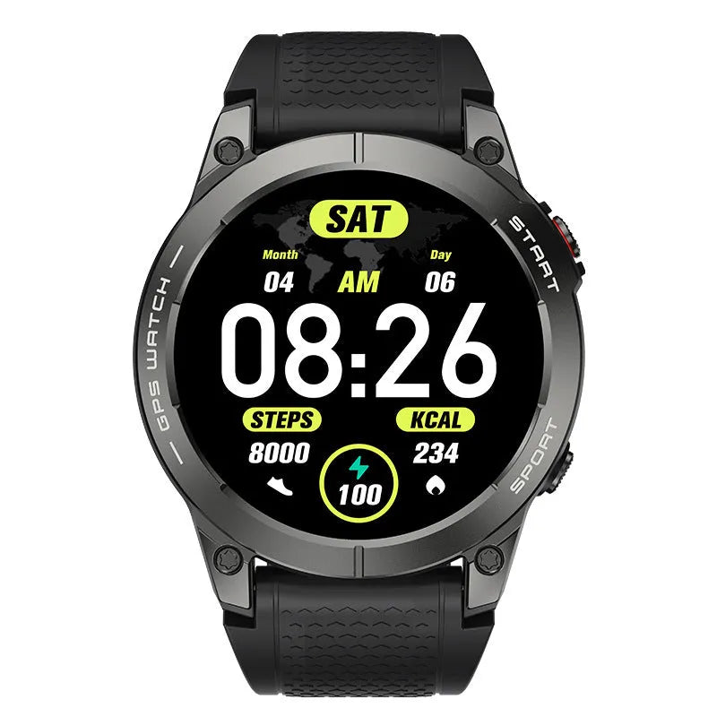 Black or orange GPS sports smart watch with 1.43 inch touch screen showing health metrics