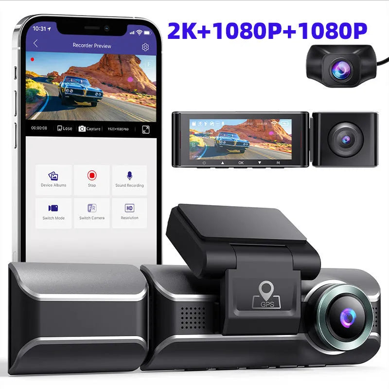 M550 dash cam with 3-inch screen mounted on car windscreen next to rear-view mirror.