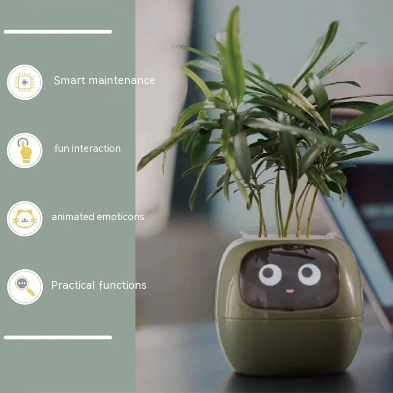 Smart planter in green with 7 sensors and AI chips showing water level on screen, compact 114x100x96mm size