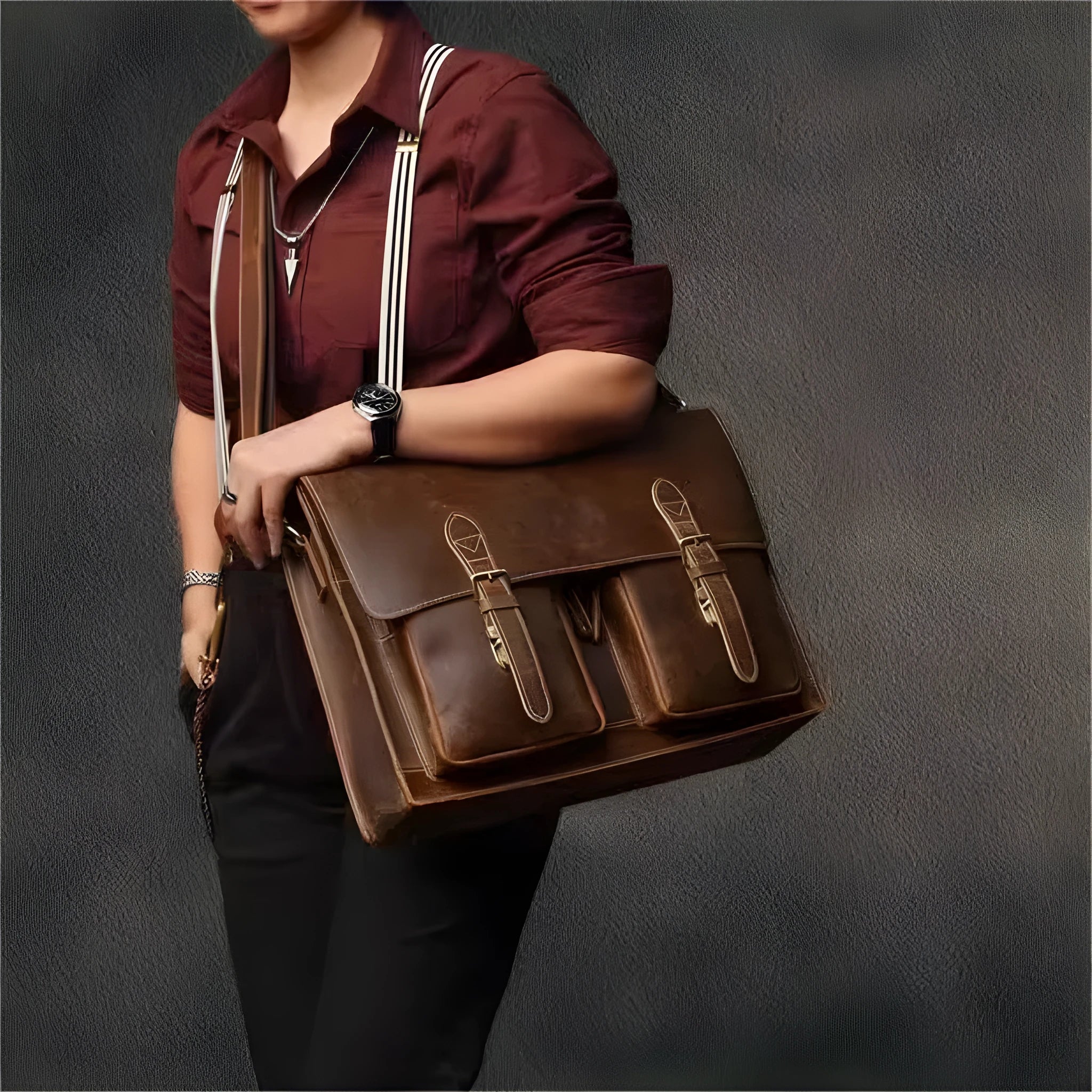 First layer cowhide leather computer crossbody bag in dark brown with visible sewing lines