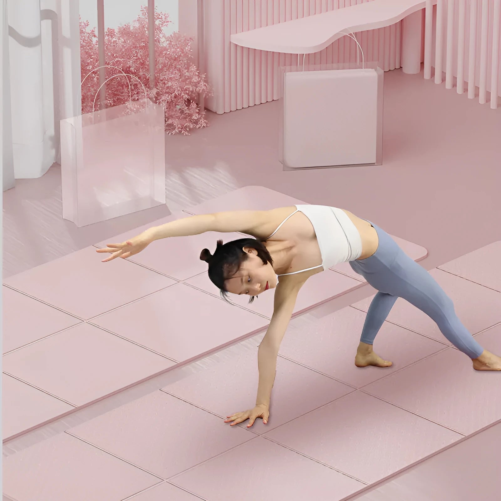 A folded purple TPE gymnastic mat showing its portable size next to an unfolded mat on a floor.