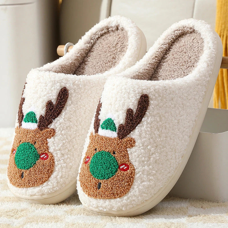 Cozy festive elk-themed slippers in red and green colors, featuring plush, soft materials for comfortable indoor wear