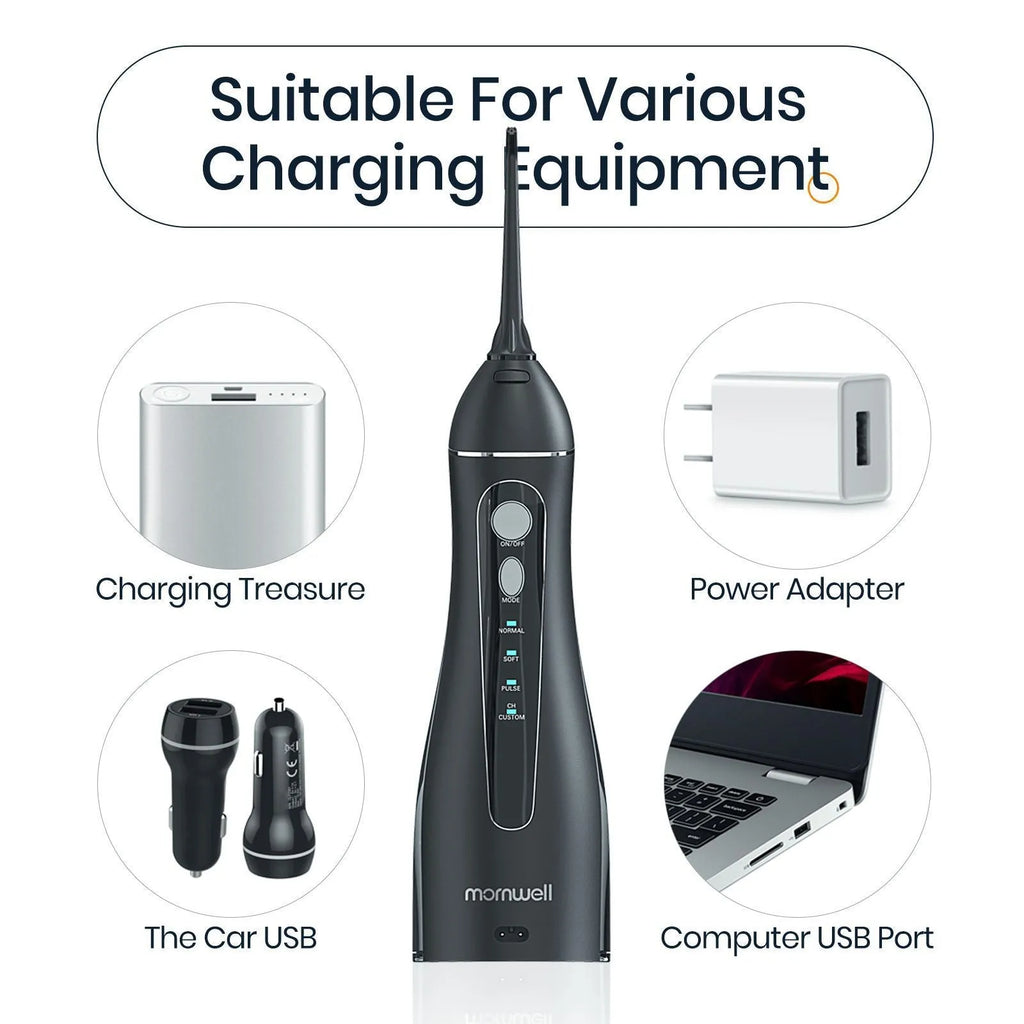 Black Prooral Mornwell portable oral irrigator with water reservoir and charging base