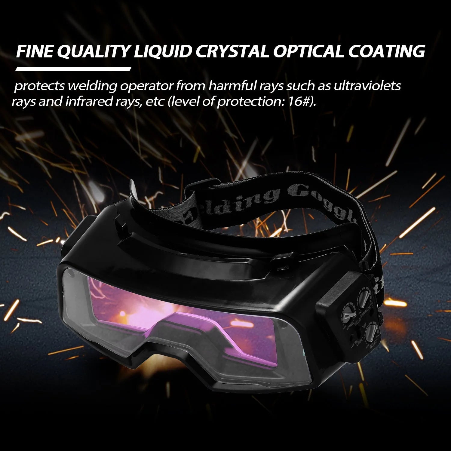 Black automatic changing light welding mask glasses showing large viewing area and headband