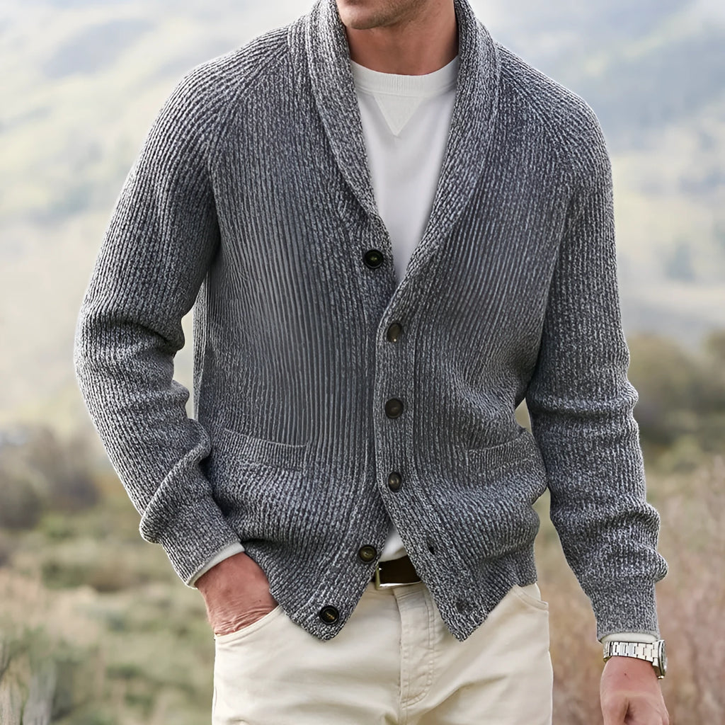Men's gray mixed colour lapel cardigan with buttons, slim fit, long sleeves, on model