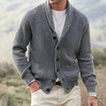 Men's gray mixed colour lapel cardigan with buttons, slim fit, long sleeves, on model