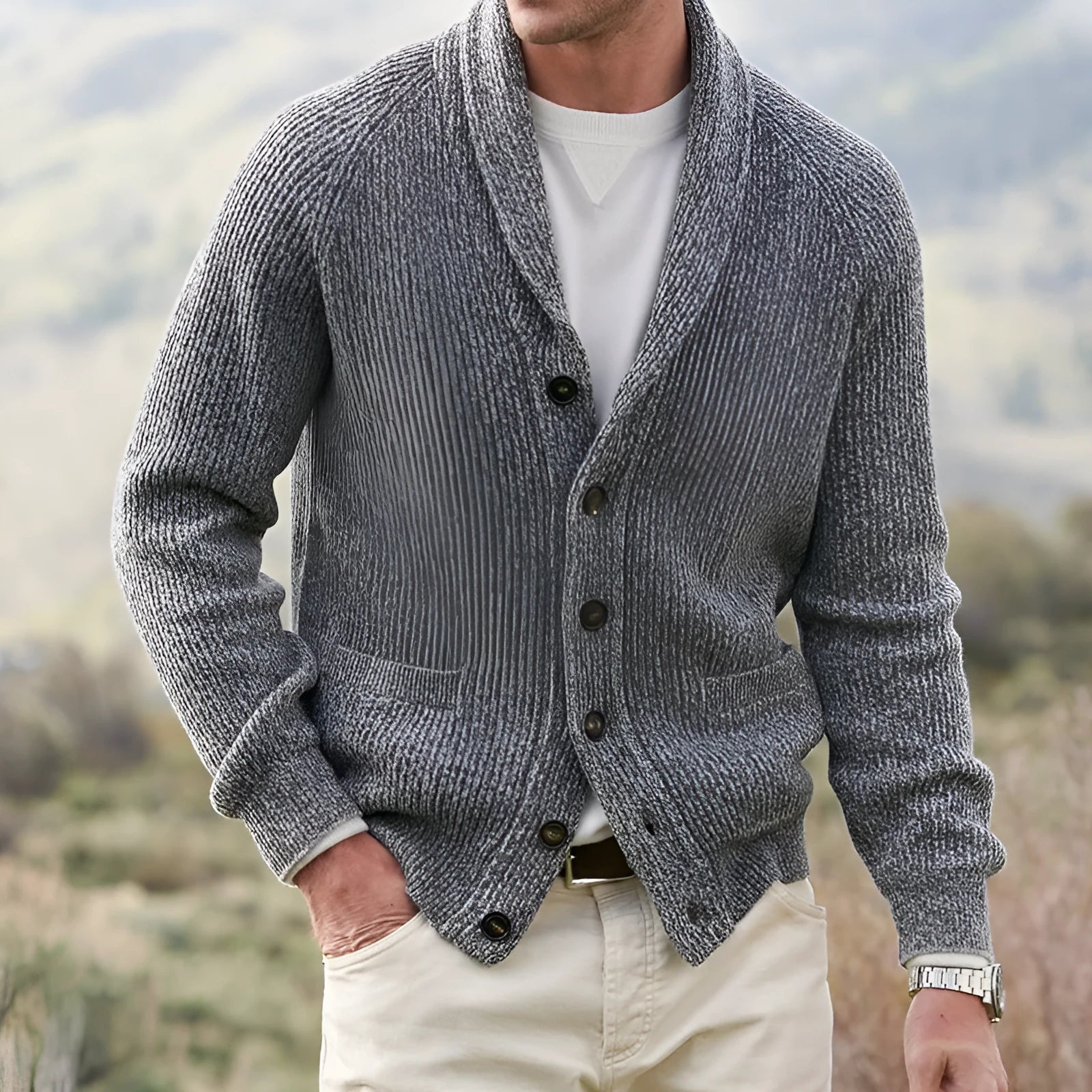Men's gray mixed colour lapel cardigan with buttons, slim fit, long sleeves, on model