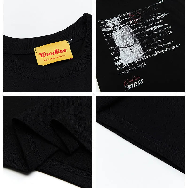 Men's black and white pure cotton T-shirt with printed letters and loose retro high street style