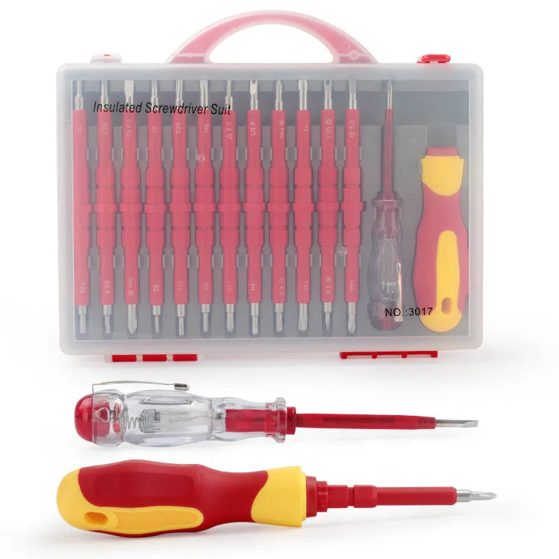 26-in-1 electrician screwdriver set with red plastic handle, magnetic Cr-V steel bits, and T20 cutter head on a white background