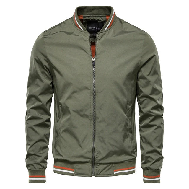 Men's striped zip-up jacket in army green, black, navy, and khaki with multiple pockets