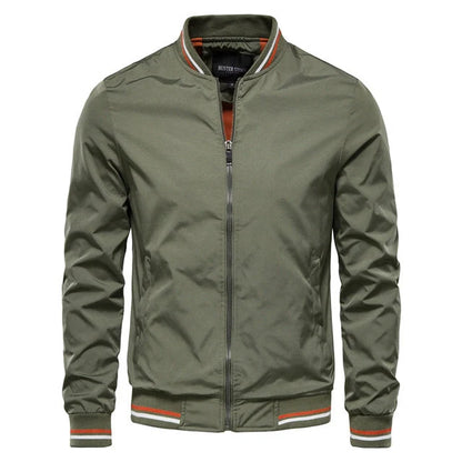 Men's striped zip-up jacket in army green, black, navy, and khaki with multiple pockets