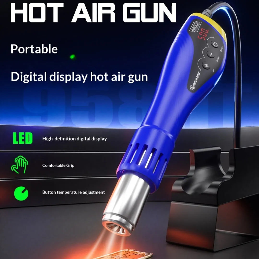 Blue small hand-held temperature-adjustable electric plastic film blower with digital display and six nozzles