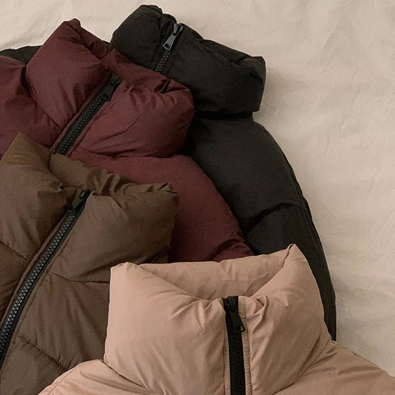 Stand collar short cotton-padded coat for women in slim fit design, available in four colours