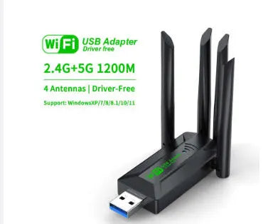 Black USB network transmitter with four extended antennas for computer wireless connectivity