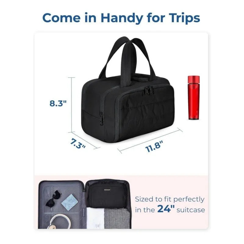 Large fluffy travel toiletry bag in creamy-white, shown wide open with dimensions 29.97 by 18.54 by 21.08 cm.