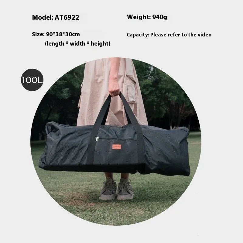 Large blue waterproof storage bag for camping tents and folding chairs showing expanded and compressed sizes