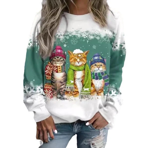 Women's festive snowman and cat print long sleeve t-shirt in loose fit