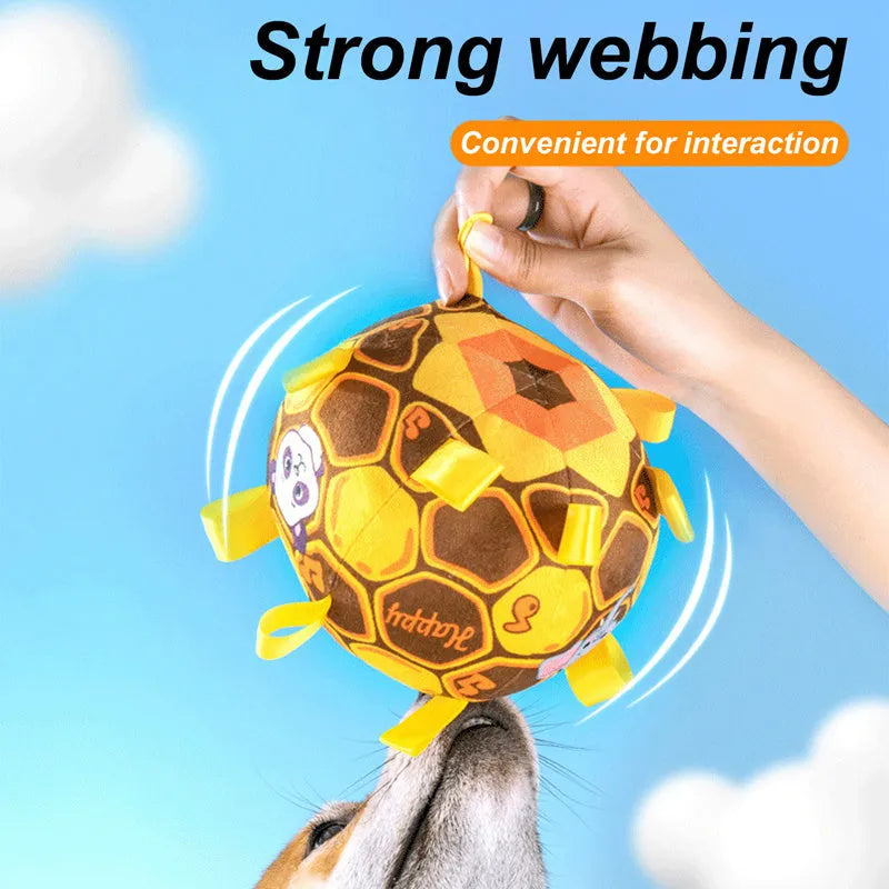 Green plush ball dog toy with a fabric handle, shown next to a yellow and a watermelon-coloured version.