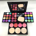 Three-layer makeup box set with 24 eyeshadow colours, 8 lipsticks, blushes, powder cakes, brushes, puff, and mirror