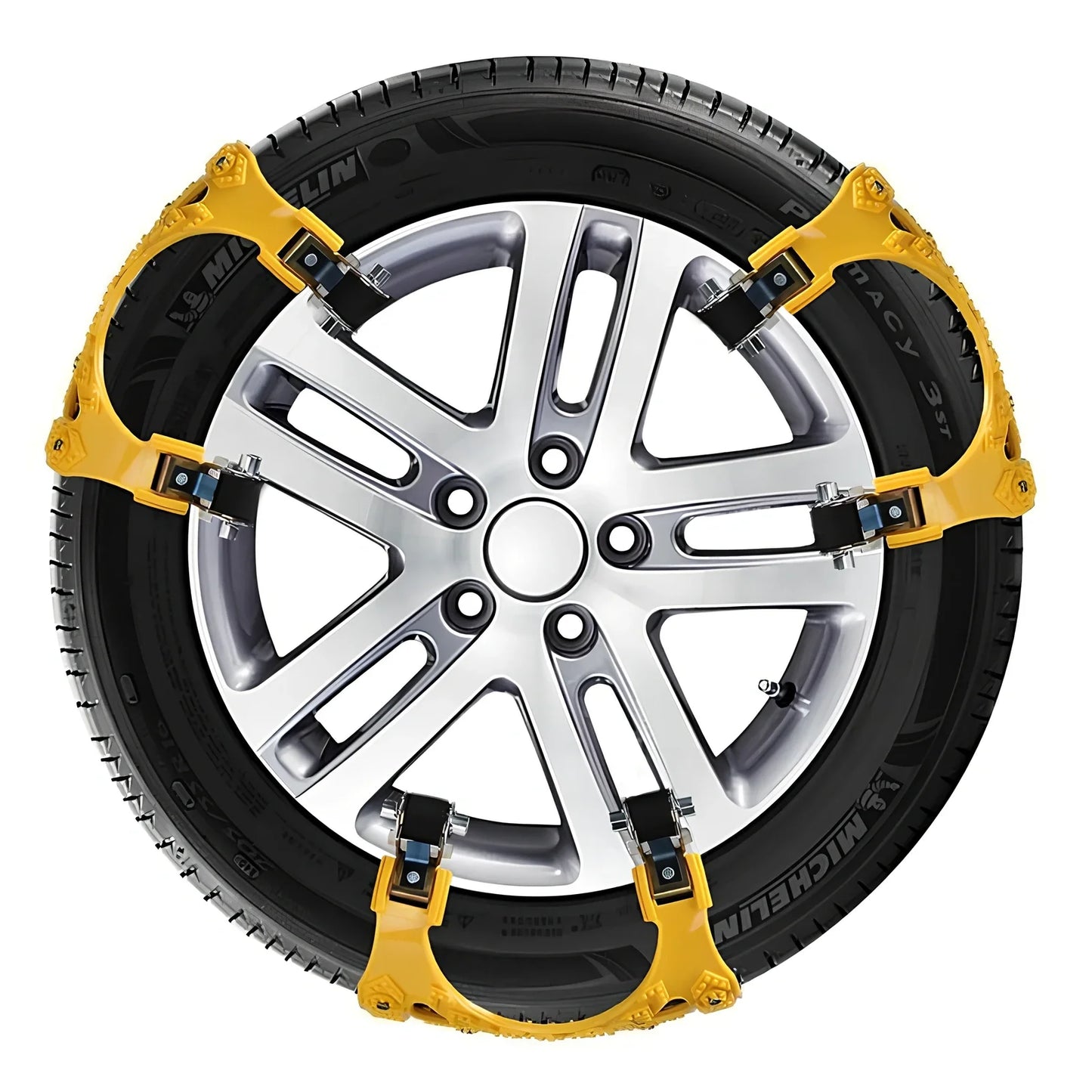 Yellow 3-piece snow tire chains with stainless steel nails for 165-265mm tyres on icy road