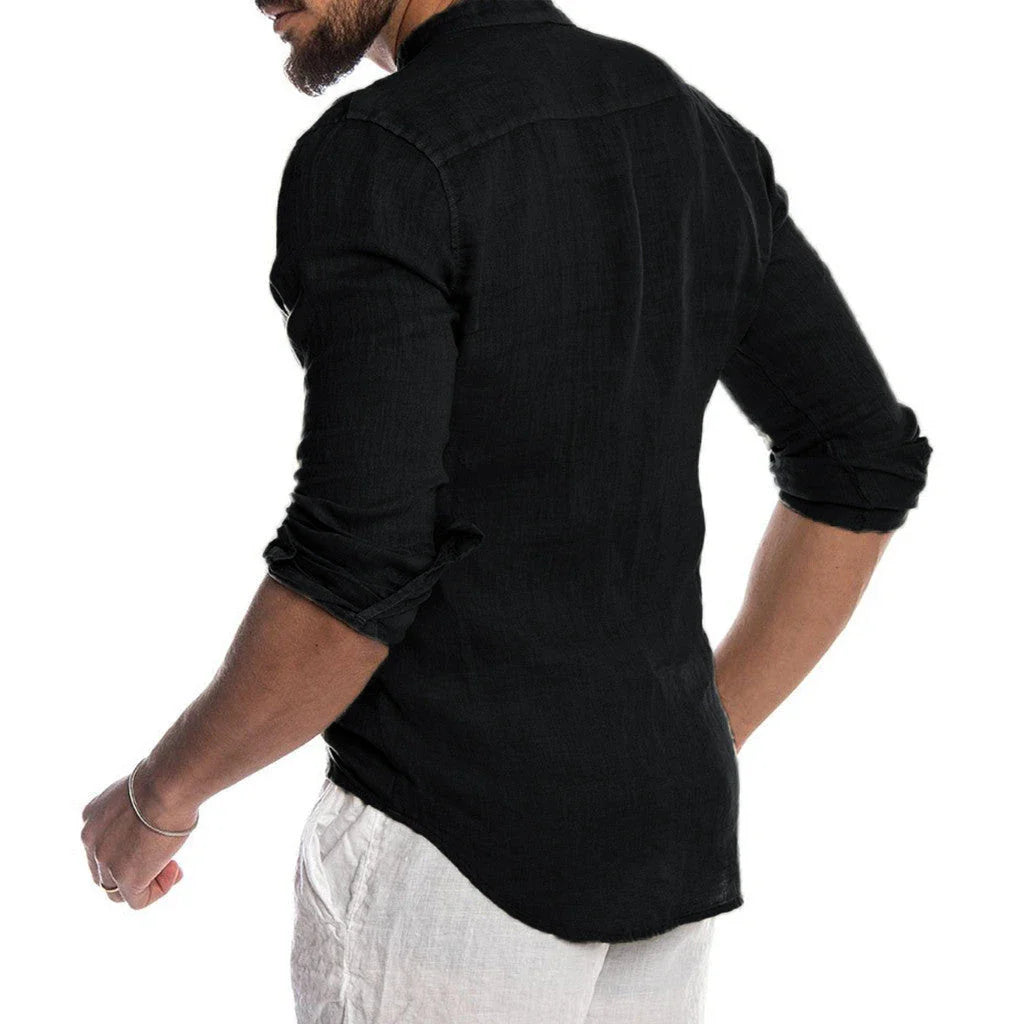 Versatile linen-blend dress shirt for men in a range of classic colors, including white, black, navy, and khaki