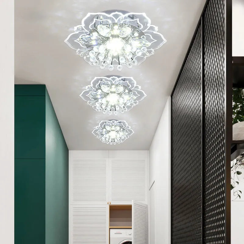 Modern crystal ceiling lamp with flower-shaped acrylic and stainless steel shade for corridor and living room illumination