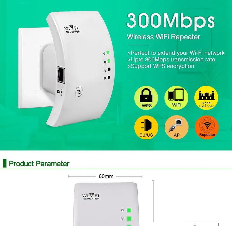 EASYIDEA WR101000 300Mbps 2.4G WiFi Repeater in black with EU plug, front view showing WPS button and ports
