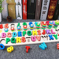 Wooden 3D alphabet number puzzle with colourful geometric letters and numbers on 42 cm board
