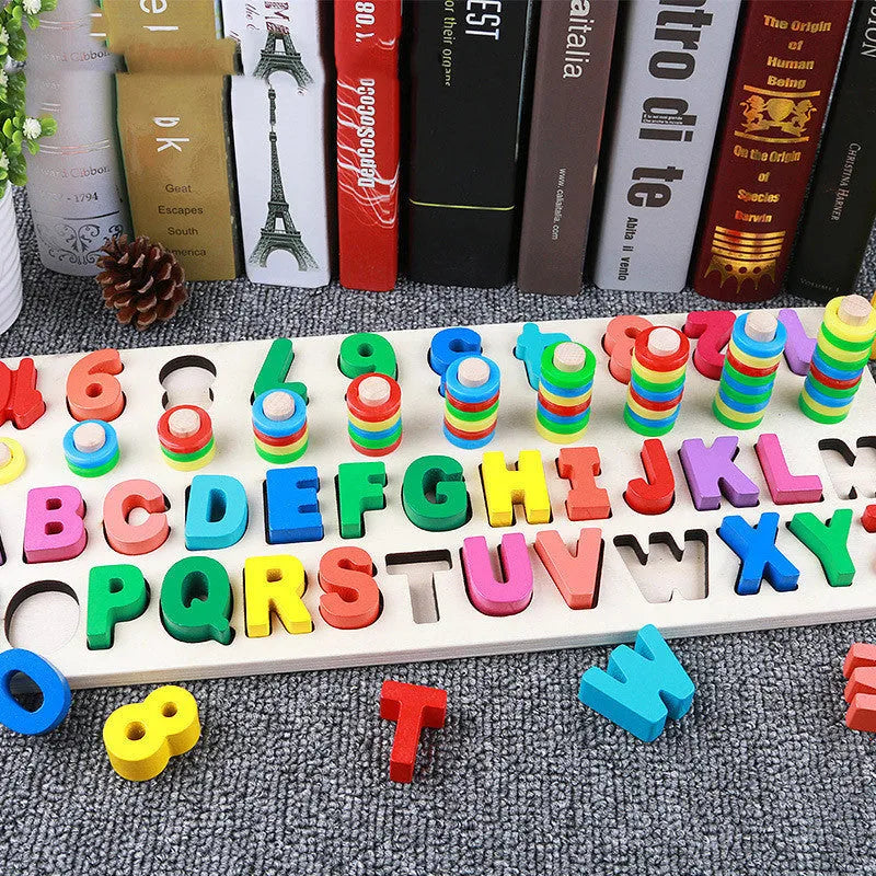 Wooden 3D alphabet number puzzle with colourful geometric letters and numbers on 42 cm board
