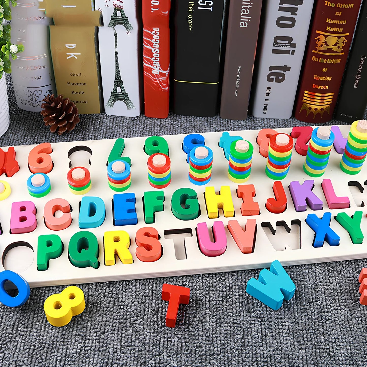 Wooden 3D alphabet number puzzle board 42x16x8 cm with geometric letter and number pieces in ocean blue theme