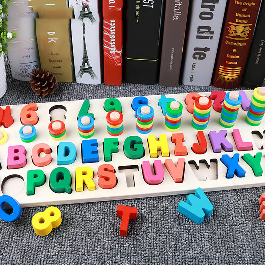 Wooden 3D alphabet number puzzle board 42x16x8 cm with geometric letter and number pieces in ocean blue theme