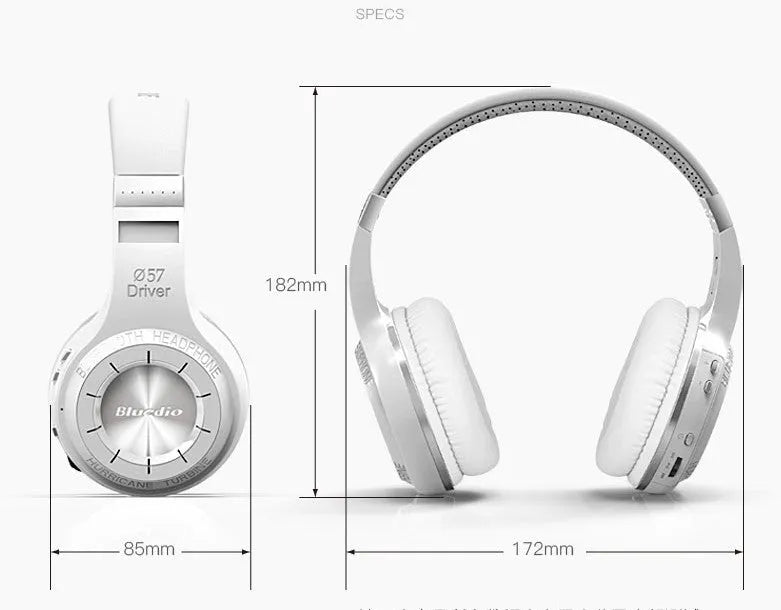 Wireless Bluetooth headphones with stereo subwoofer, 57mm driver, PU ear pads, in black and white colours