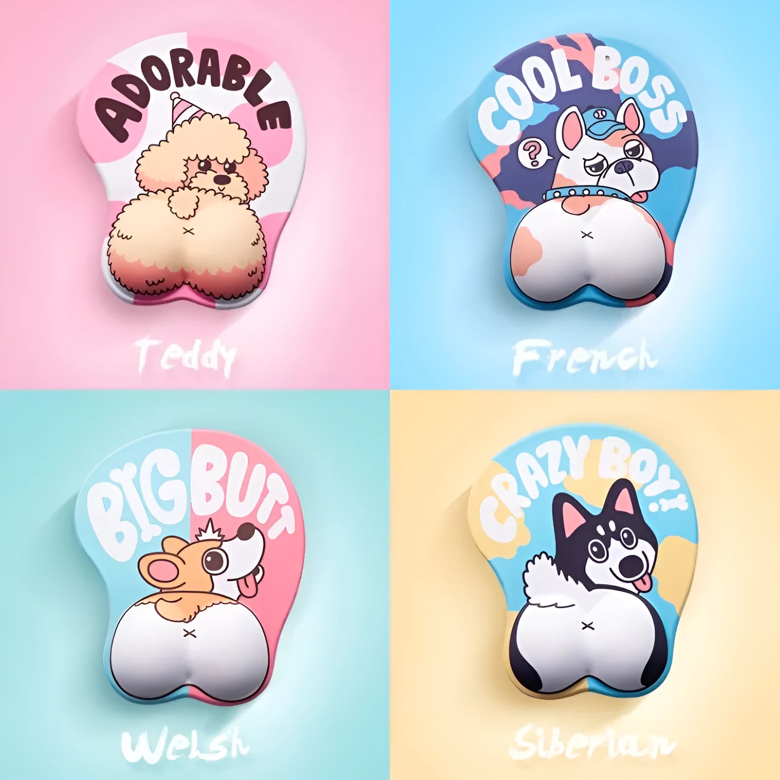 Blue 3D corgi design ergonomic mouse pad with raised wrist cushion on a desk