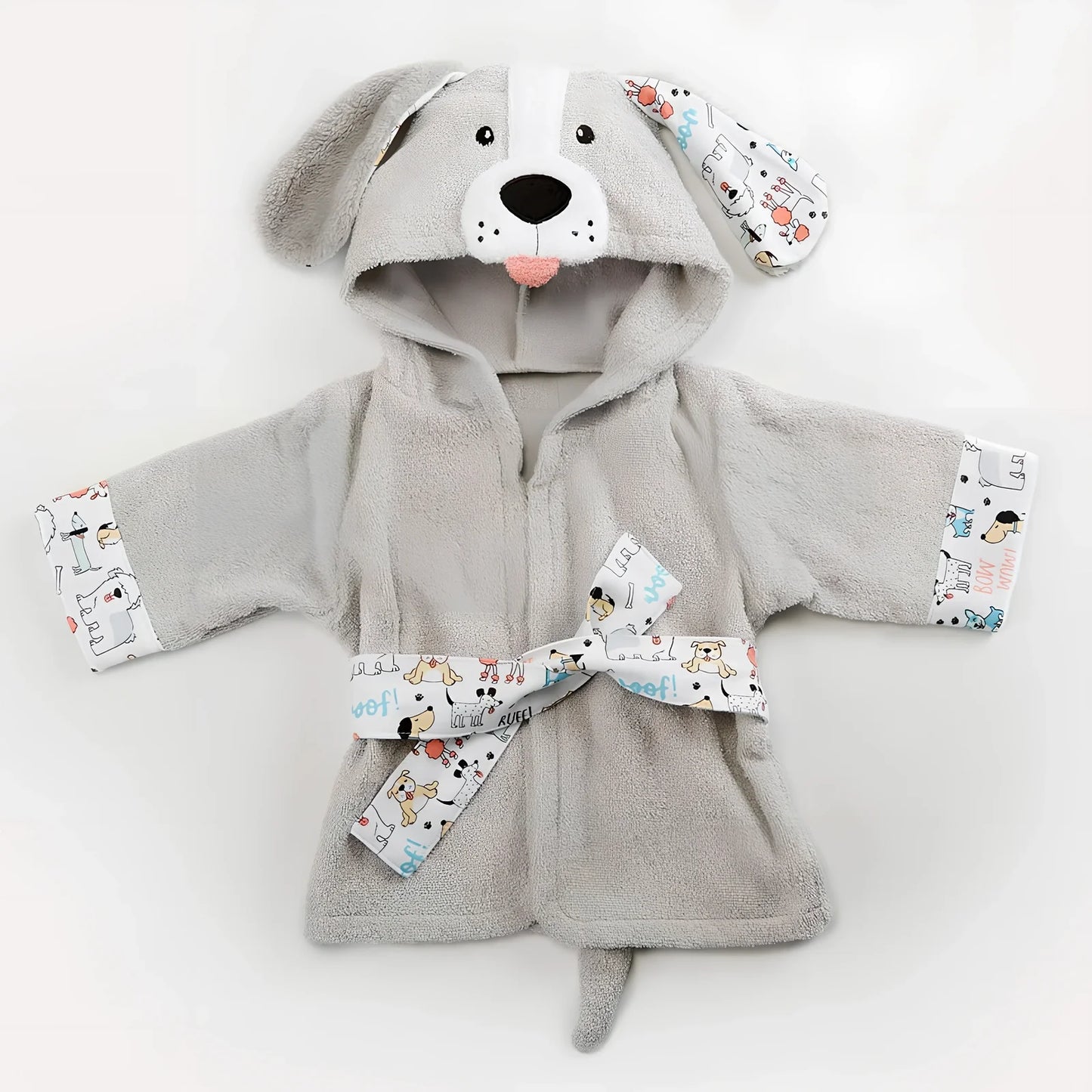 Cotton baby bathrobe with animal hood showing panda design, belt fastening, and absorbent fabric