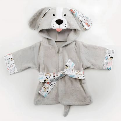 Cotton baby bathrobe with animal hood showing panda design, belt fastening, and absorbent fabric