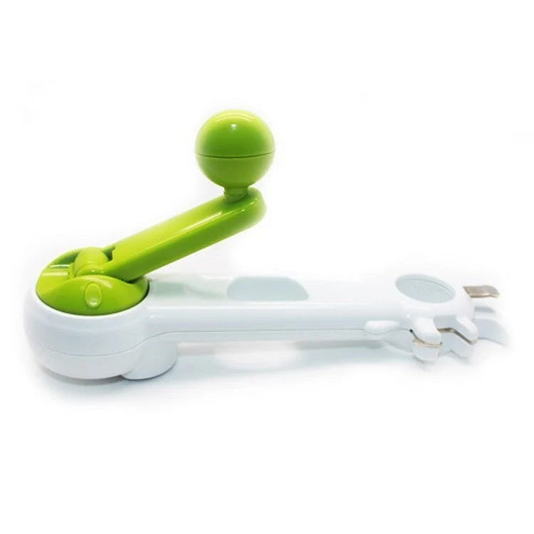 Universal 6-in-1 kitchen tool for opening jars, cans, and bottles in white and green