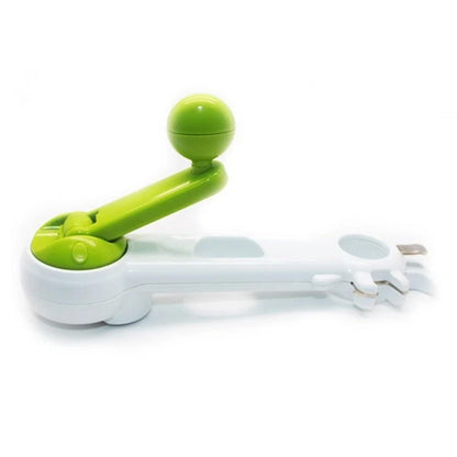 Universal 6-in-1 kitchen tool for opening jars, cans, and bottles in white and green